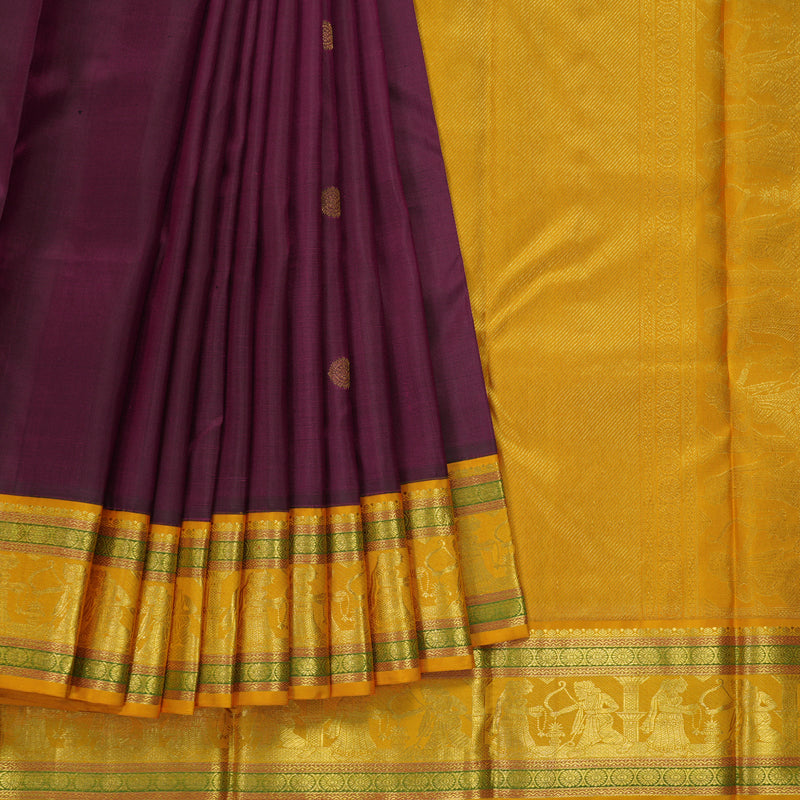 Hayagrivas Handloom Wine Purple Kanjivaram Silk Saree with Mustard Yellow Border KBE1834L2-3