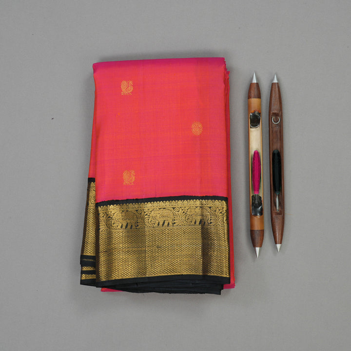 Hayagrivas Handloom Orangish Pink Kanjivaram Silk Saree with Black border KBE1841L1-3