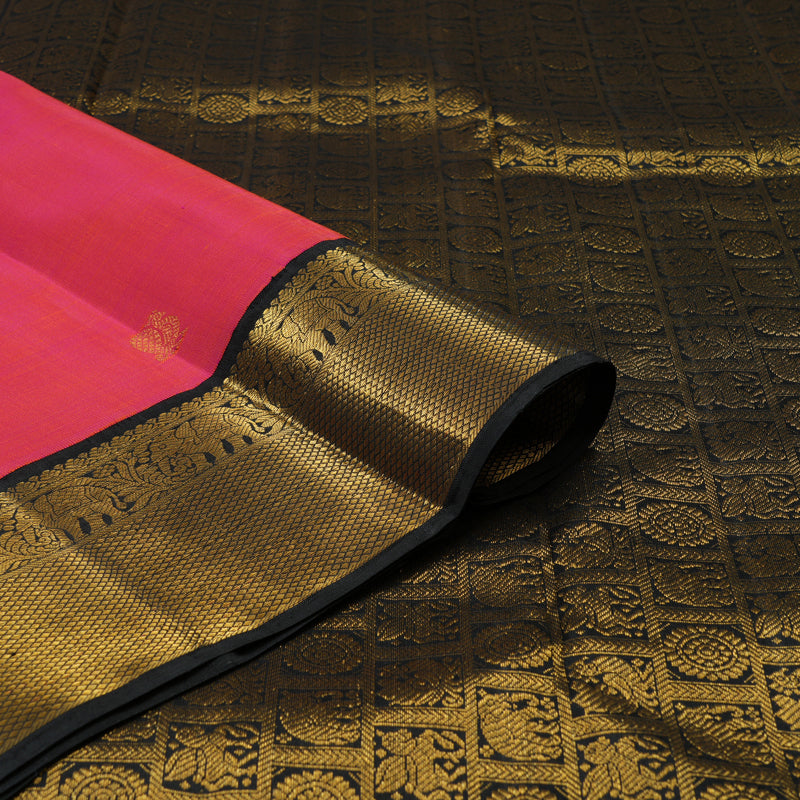 Hayagrivas Handloom Orangish Pink Kanjivaram Silk Saree with Black border KBE1841L1-3