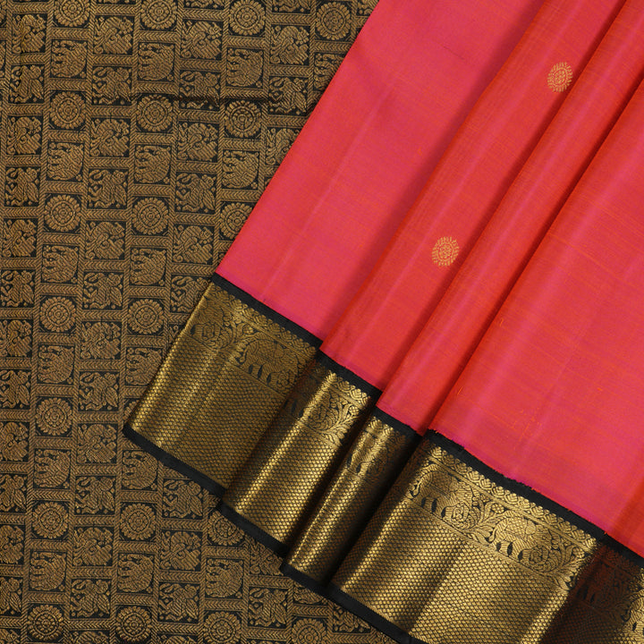 Hayagrivas Handloom Orangish Pink Kanjivaram Silk Saree with Black border KBE1841L1-3