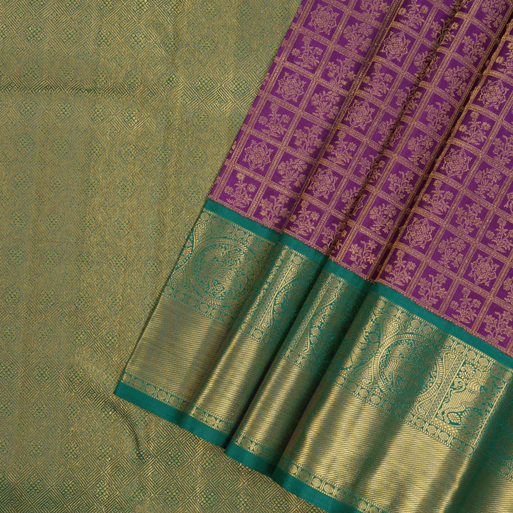Hayagrivas Handloom Purple Kanjivaram Silk Saree with Peacock Green border KBE1841L5-1
