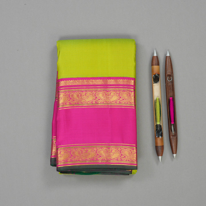 Hayagrivas Handloom Parrot green Kanjivaram Silk Saree with Rani Pink Border KBE1856L2-3