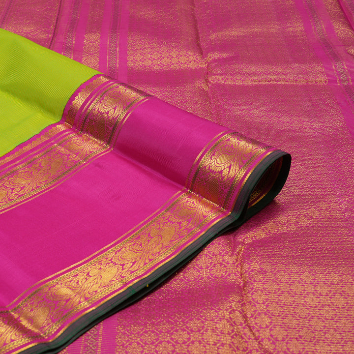 Hayagrivas Handloom Parrot green Kanjivaram Silk Saree with Rani Pink Border KBE1856L2-3