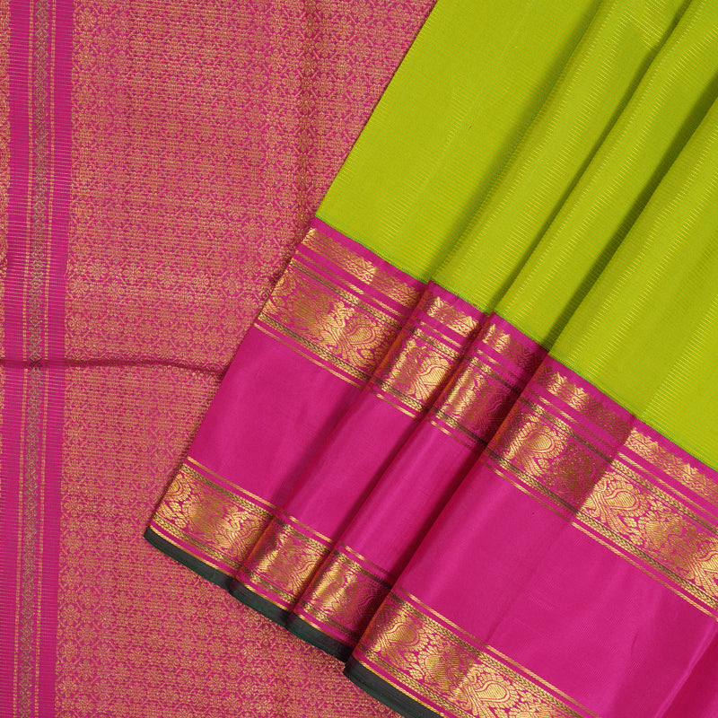Hayagrivas Handloom Parrot green Kanjivaram Silk Saree with Rani Pink Border KBE1856L2-3