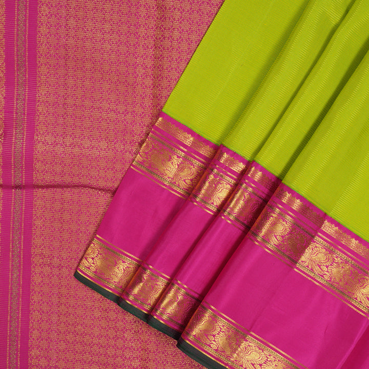 Hayagrivas Handloom Parrot green Kanjivaram Silk Saree with Rani Pink Border KBE1856L2-3