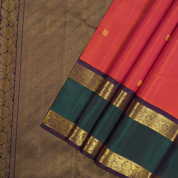 Hayagrivas Handloom Orangish Pink Kanjivaram Silk Saree with Mayilkazhuthu border KBE1859L2-1