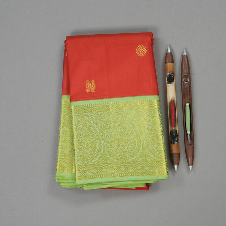 Hayagrivas Red Handloom Kanjivaram Silk Saree with Light Elaichi Green Border KBE185D1-2