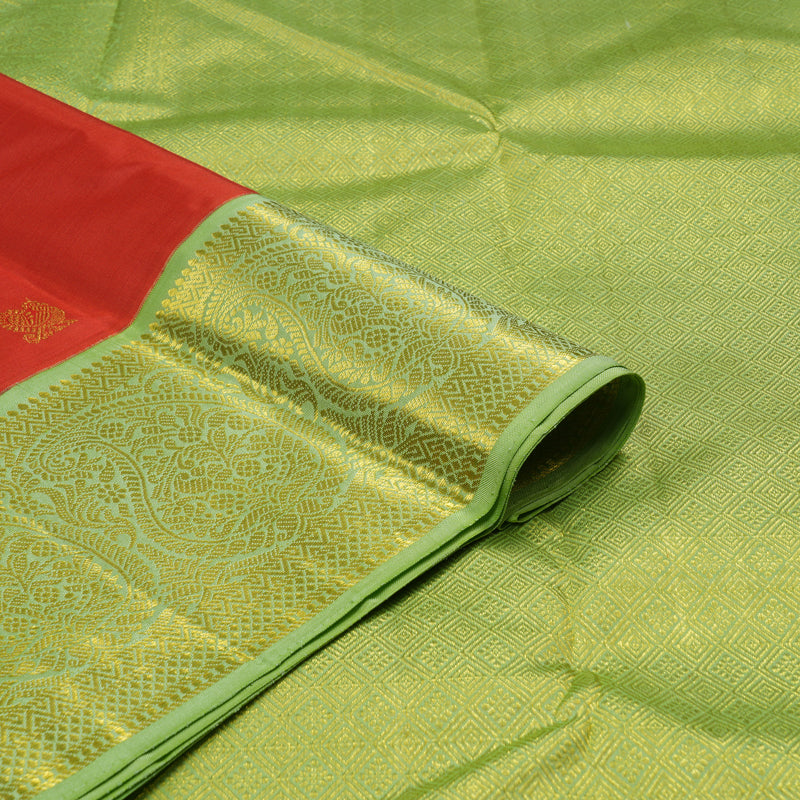 Hayagrivas Red Handloom Kanjivaram Silk Saree with Light Elaichi Green Border KBE185D1-2