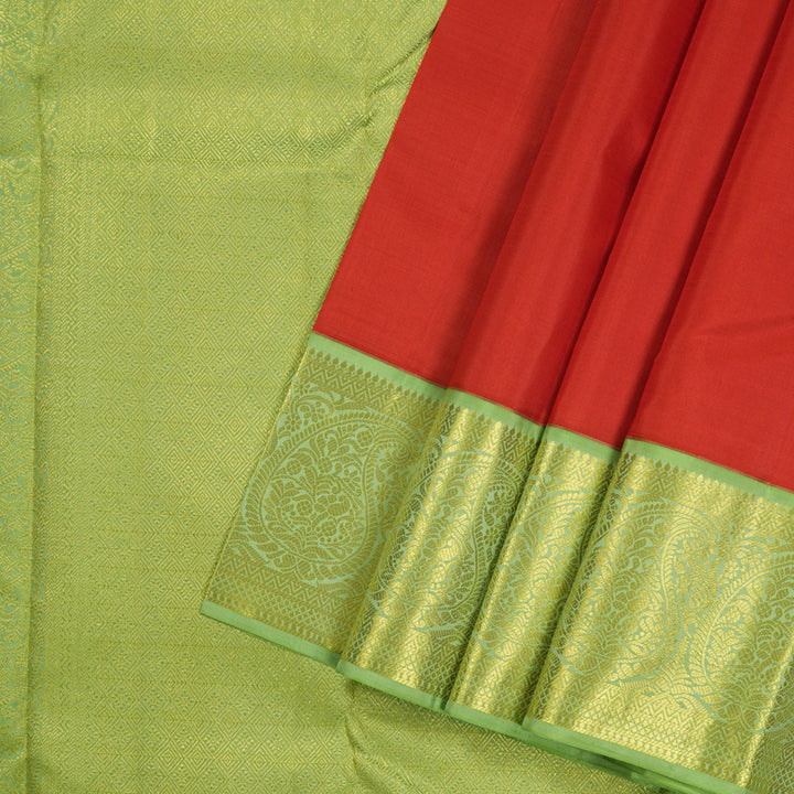 Hayagrivas Red Handloom Kanjivaram Silk Saree with Light Elaichi Green Border KBE185D1-2