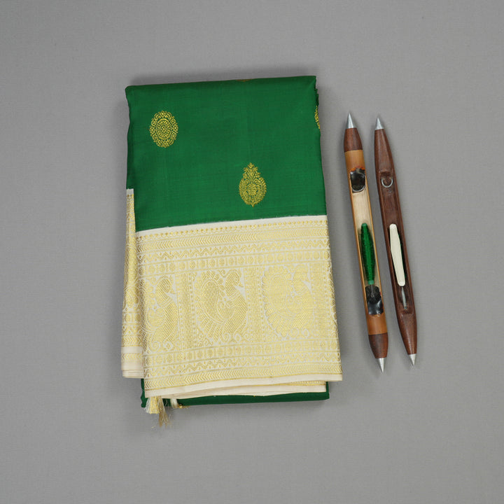 Hayagrivas Handloom Green Kanjivaram Silk Saree with Ivory border KBE1861L1-1