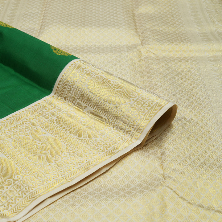 Hayagrivas Handloom Green Kanjivaram Silk Saree with Ivory border KBE1861L1-1