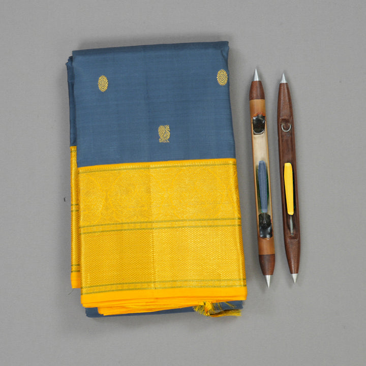 Hayagrivas Handloom Dark Grey Kanjivaram Silk Saree with Yellow Border KBE1861L21-1