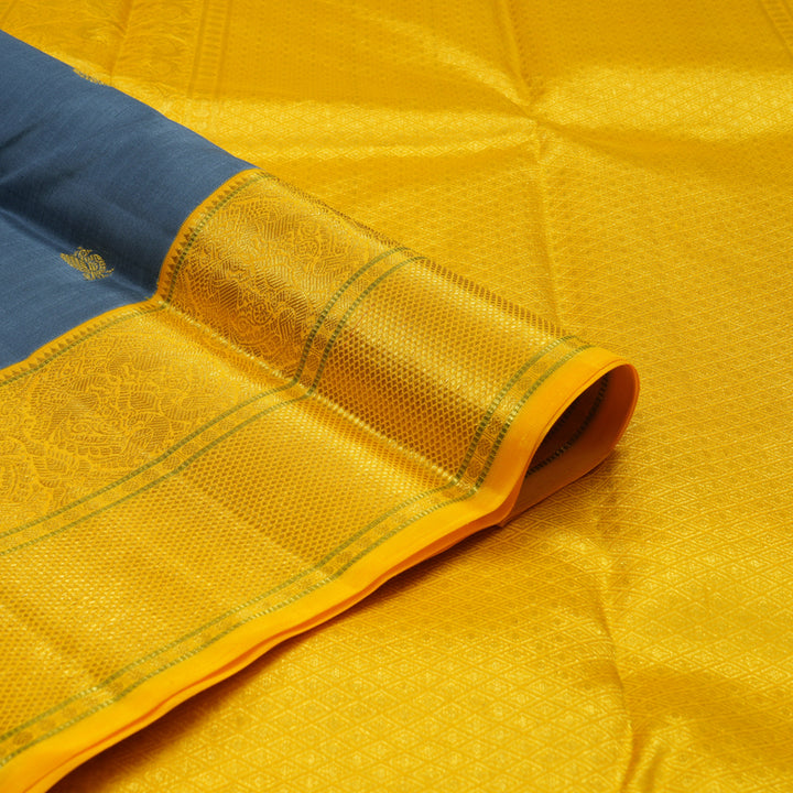 Hayagrivas Handloom Dark Grey Kanjivaram Silk Saree with Yellow Border KBE1861L21-1