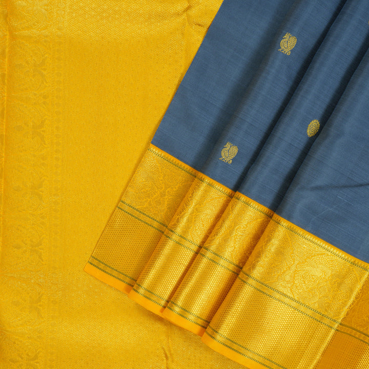 Hayagrivas Handloom Dark Grey Kanjivaram Silk Saree with Yellow Border KBE1861L21-1