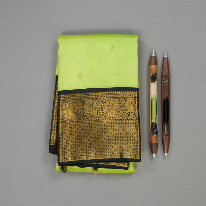 Hayagrivas Handloom Lime Green Kanjivaram Silk Saree with Black Border KBE1868L1-1