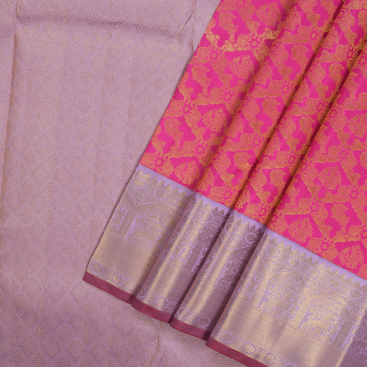 Hayagrivas Handloom Bright Rani Pink Kanjivaram Silk Saree with Lilac border KBE1868L4-1