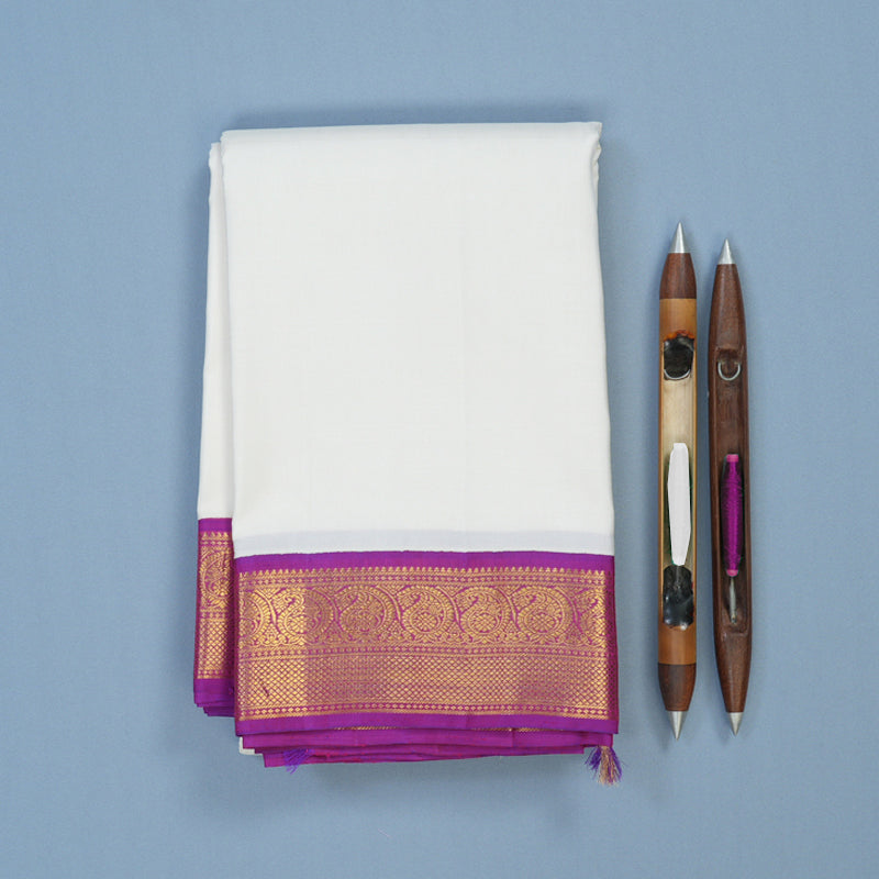 Hayagrivas Handloom White Kanjivaram Silk Saree with Purple Border KBE1869L6-1