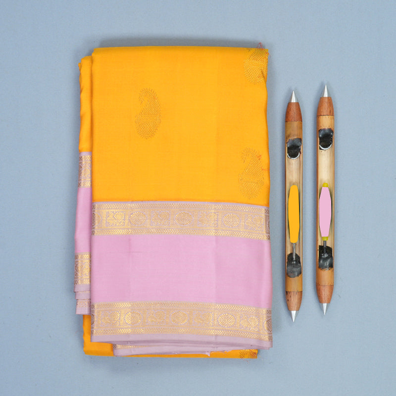 Hayagrivas Handloom Mango Yellow Kanjivaram Silk Saree with Baby Pink Border KBE1872L16-4