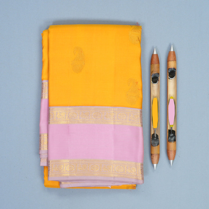Hayagrivas Handloom Mango Yellow Kanjivaram Silk Saree with Baby Pink Border KBE1872L16-4
