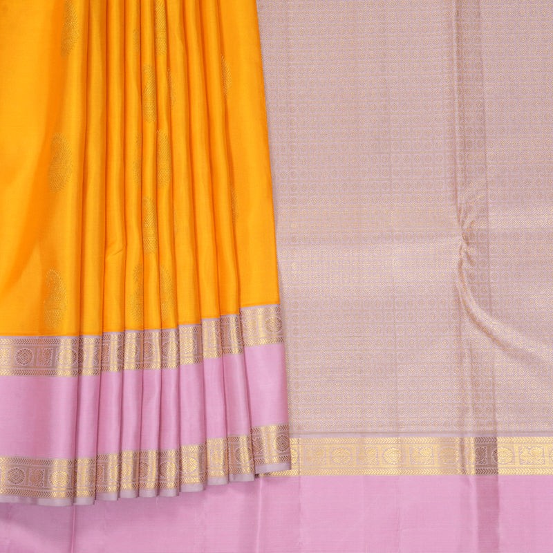 Hayagrivas Handloom Mango Yellow Kanjivaram Silk Saree with Baby Pink Border KBE1872L16-4