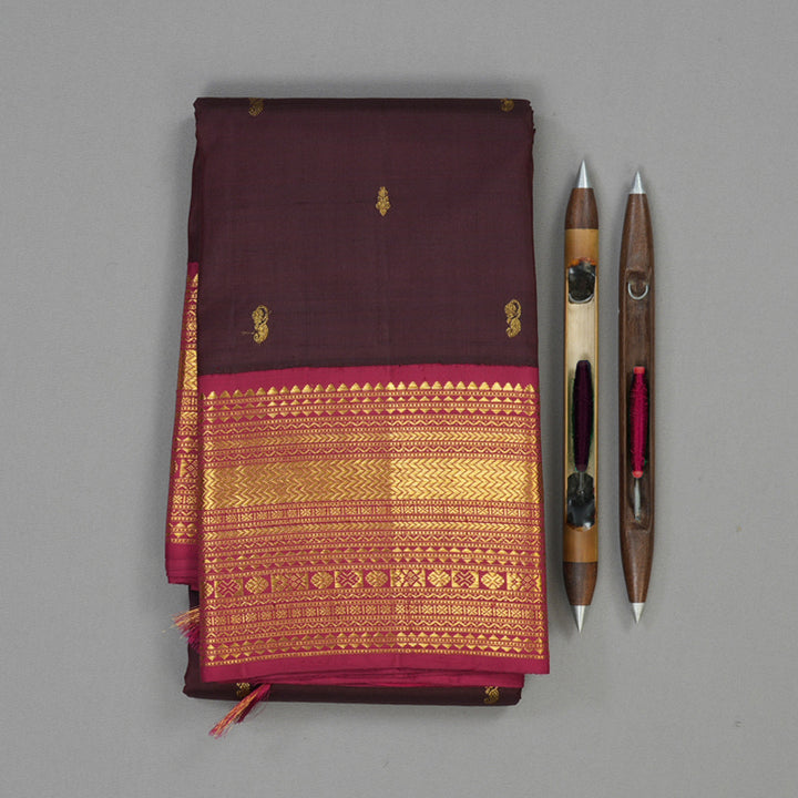 Hayagrivas Handloom Wine Kanjivaram Silk Saree with Pinkish-Maroon Border KBE1873L4-2