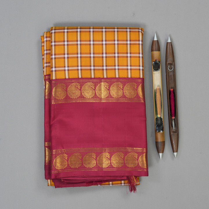 Hayagrivas Handloom Turmeric Yellow Kanjivaram Silk Saree with Maroon Border KBE1874L3-1
