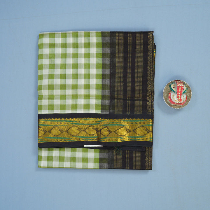 Hayagrivas Green & Half-White Checks Pure Silk Cotton Saree KBE1875L7-3