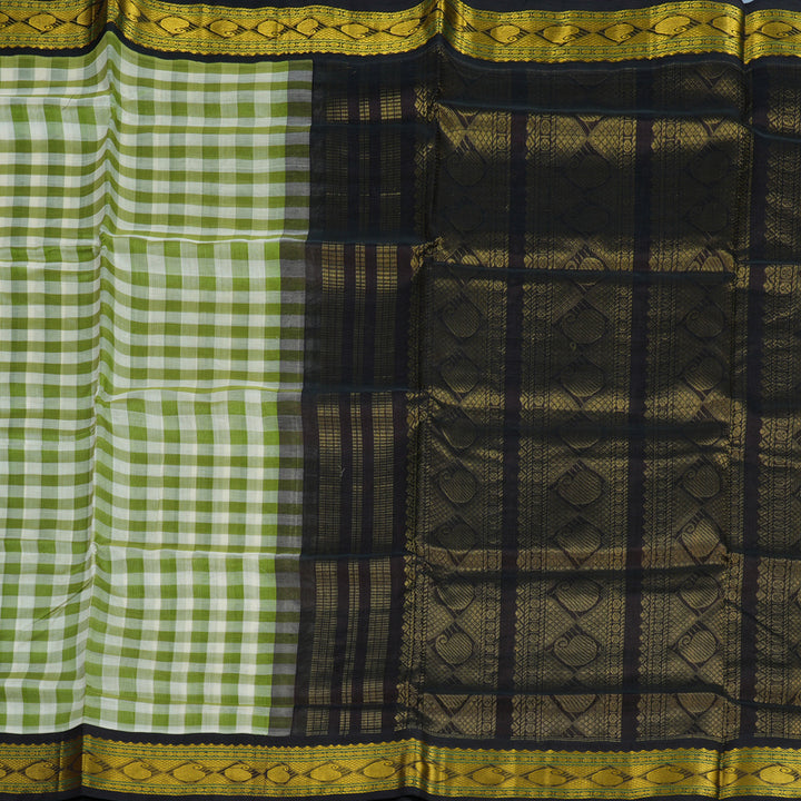 Hayagrivas Green & Half-White Checks Pure Silk Cotton Saree KBE1875L7-3