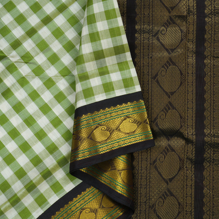 Hayagrivas Green & Half-White Checks Pure Silk Cotton Saree KBE1875L7-3