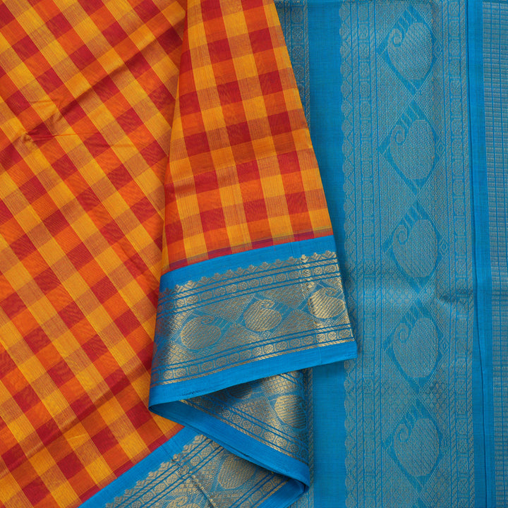Hayagrivas Red & Orange Checks Pure Silk Cotton Saree KBE1875L7-9