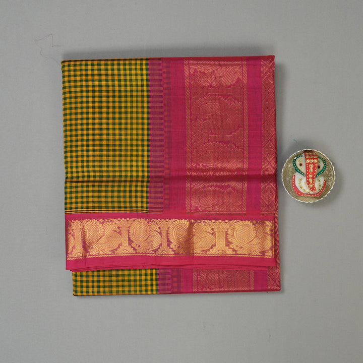 Hayagrivas Green & Yellow Muted Checks Pure Silk Cotton Saree KBE1875L8-7