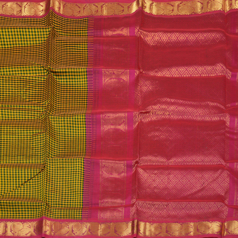 Hayagrivas Green & Yellow Muted Checks Pure Silk Cotton Saree KBE1875L8-7