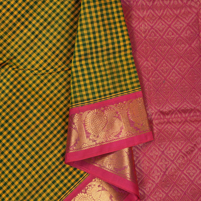 Hayagrivas Green & Yellow Muted Checks Pure Silk Cotton Saree KBE1875L8-7