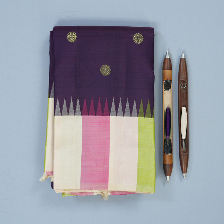 Hayagrivas Handloom Violet Kanjivaram Silk Saree with Multicolour Border KBE1879L2-2
