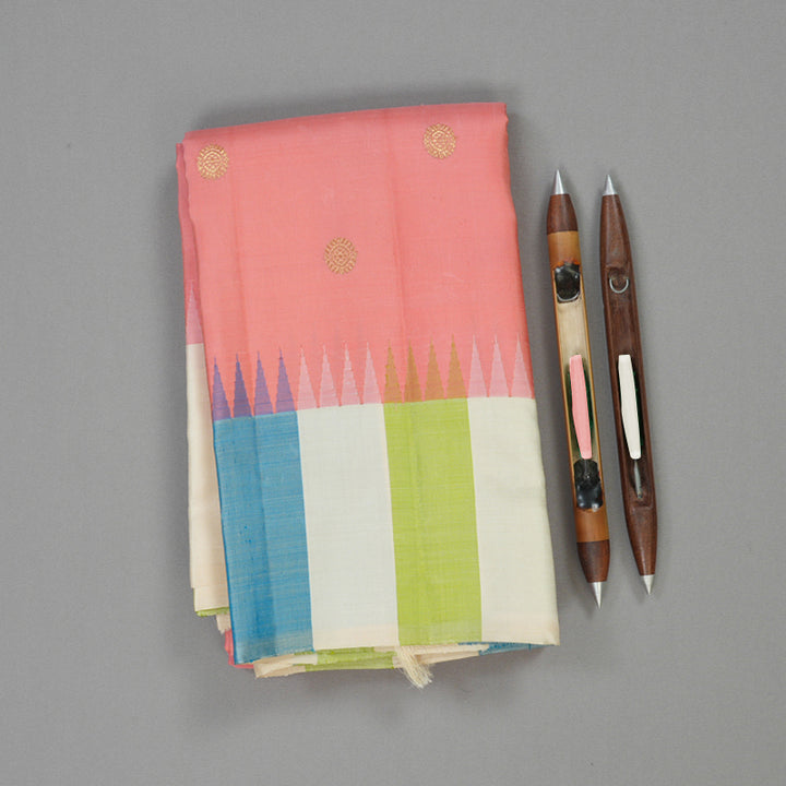 Hayagrivas Handloom Peach Pink Kanjivaram Silk Saree with Multicolour stripes Border KBE1879L2-3