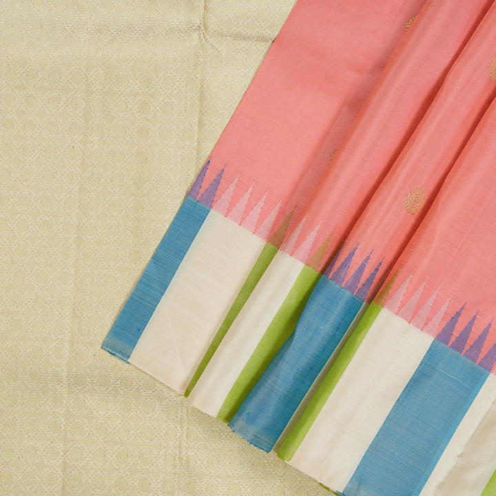 Hayagrivas Handloom Peach Pink Kanjivaram Silk Saree with Multicolour stripes Border KBE1879L2-3