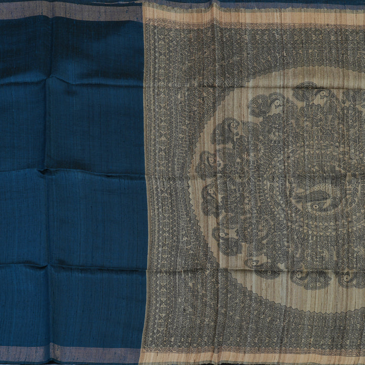 Hayagrivas Peacock Blue Pure Tussar Silk Saree KBE1881L1-3