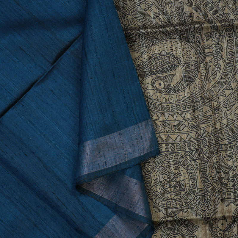 Hayagrivas Peacock Blue Pure Tussar Silk Saree KBE1881L1-3