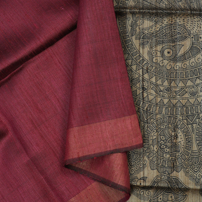 Hayagrivas Wine Magenta Pure Tussar Silk Saree KBE1881L1-6