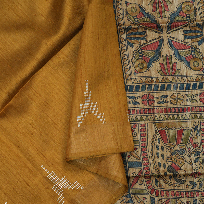 Hayagrivas Mustard Pure Tussar Silk Saree KBE1881L2-1