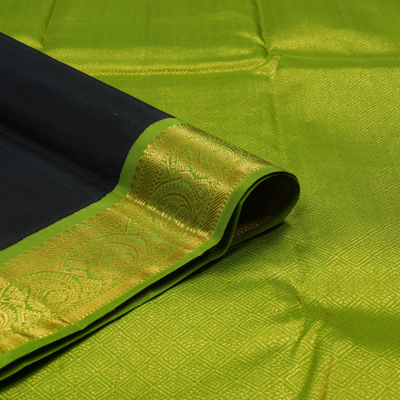Hayagrivas Handloom Black Kanjivaram Silk Saree with Parrot Green border KBE1883L2-1
