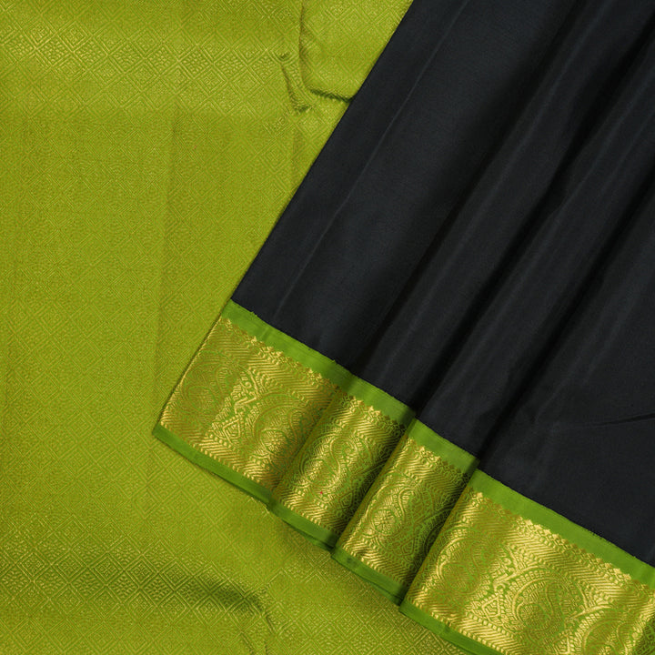 Hayagrivas Handloom Black Kanjivaram Silk Saree with Parrot Green border KBE1883L2-1
