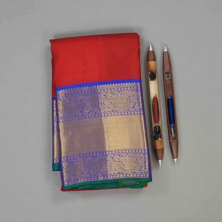 Hayagrivas Handloom Red Kanjivaram Silk Saree with MS Blue Border KBE1886L10-1