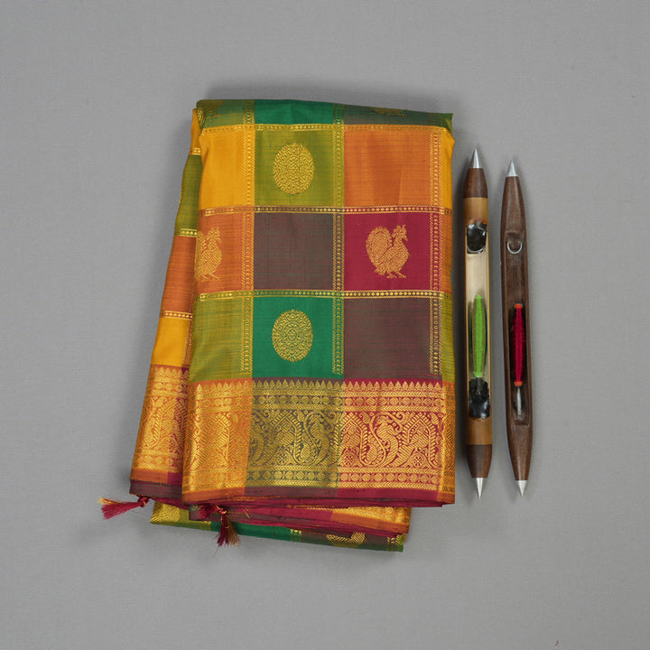 Hayagrivas Handloom Kanjivaram Silk Saree in Multicolour checks with Maroon Paalum Pazhamum  KBE414E3-1
