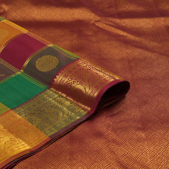 Hayagrivas Handloom Kanjivaram Silk Saree in Multicolour checks with Maroon Paalum Pazhamum  KBE414E3-1