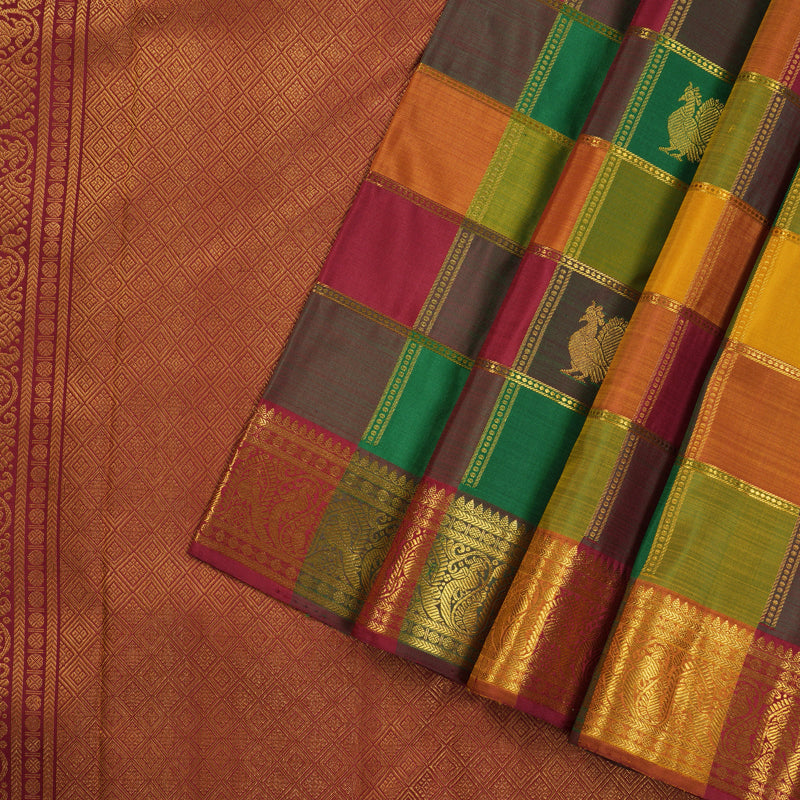 Hayagrivas Handloom Kanjivaram Silk Saree in Multicolour checks with Maroon Paalum Pazhamum  KBE414E3-1