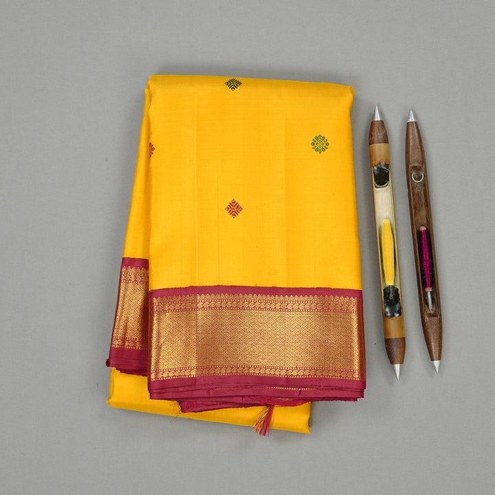 Hayagrivas Yellow Handloom Kanjivaram Silk Saree with Maroon Border KBE18D1-5