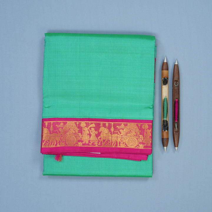Hayagrivas Handloom Sea Green Ten Yards Silk Saree with Rani Pink Border KBE1902L6-1