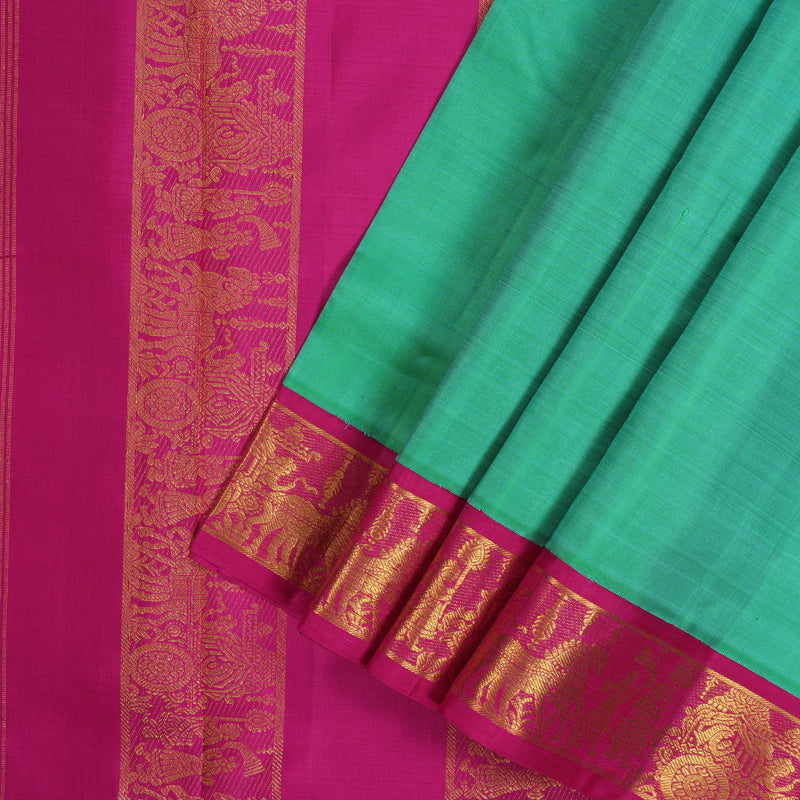 Hayagrivas Handloom Sea Green Ten Yards Silk Saree with Rani Pink Border KBE1902L6-1