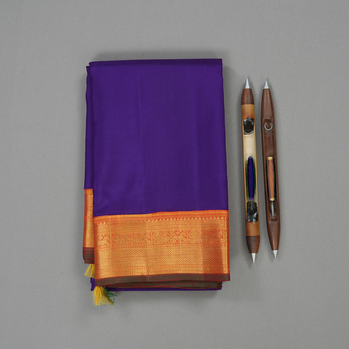 Hayagrivas Handloom Indigo Purple Kanjivaram Silk Saree with Golden Orange border KBE1903L2-3